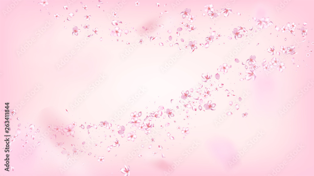 Nice Sakura Blossom Isolated Vector. Watercolor Flying 3d Petals Wedding Frame. Japanese Style Flowers Wallpaper. Valentine, Mother's Day Tender Nice Sakura Blossom Isolated on Rose