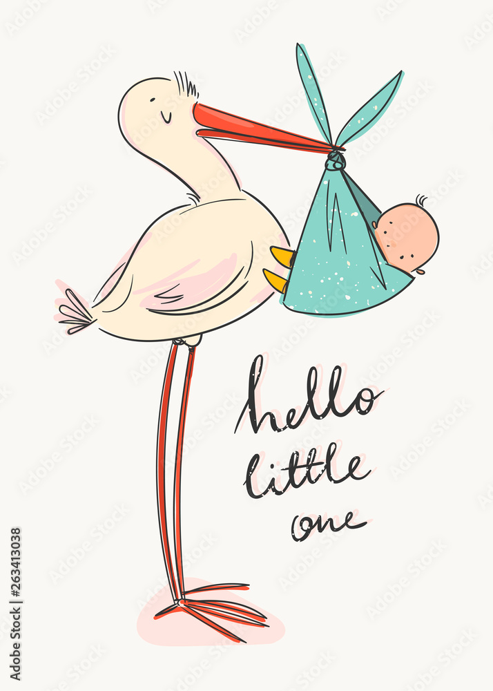 Hello little one. Cartoon stork carrying a cute newborn baby. Design  template for greeting card or baby shower invitation. Hand drawn vector  trendy illustration. Stock Vector | Adobe Stock