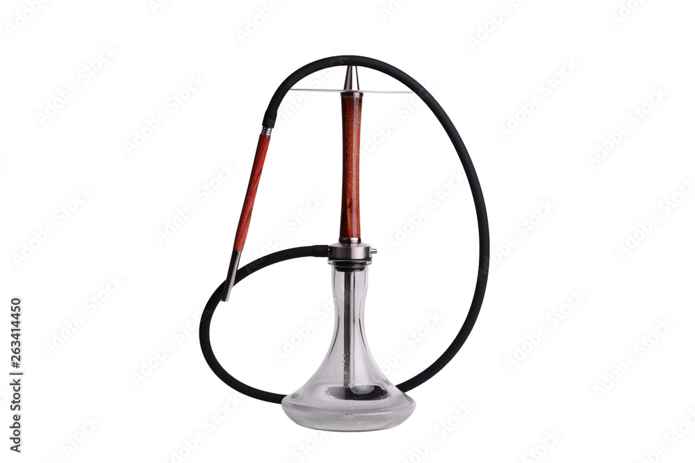 Wonderful red wooden hookah and mouthpiece with a black hose with a clean bowl in the drops of water isolated on a white background. Metal hookah elements.