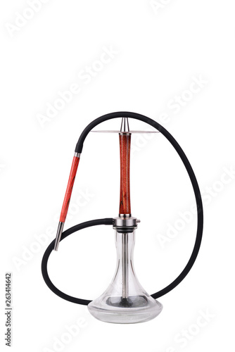 Luxurious red wooden hookah and mouthpiece with a black hose with a clean bowl in the drops of water isolated on white background. Metal hookah elements.