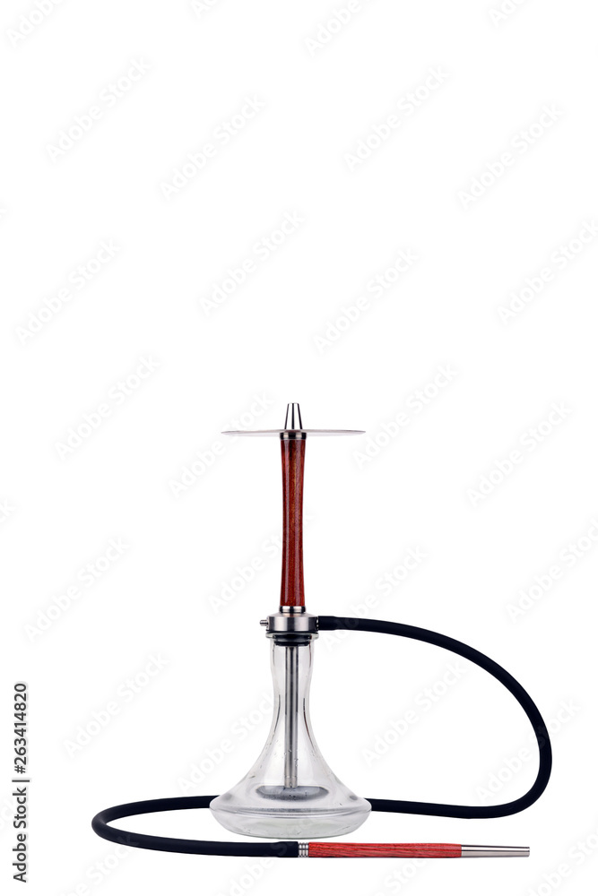 Beautiful red wooden hookah with a clean bowl in the drops of water isolated on white background. The mouthpiece with a black hose lie on the background. Metal hookah elements. Beautiful red wooden hookah with a clean bowl in the drops of water isolated on white background. The mouthpiece with a black hose lie on the background. Metal hookah elements.
