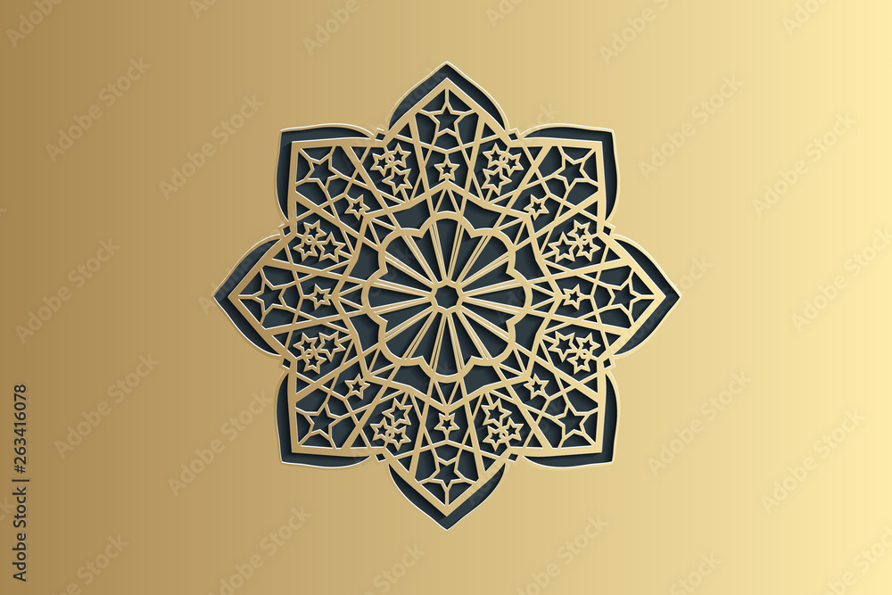 Islamic ornament vector, persian motiff. Ramadan islamic round pattern elements. Geometric circular ornamental arabic symbol vector. Gold on black background.