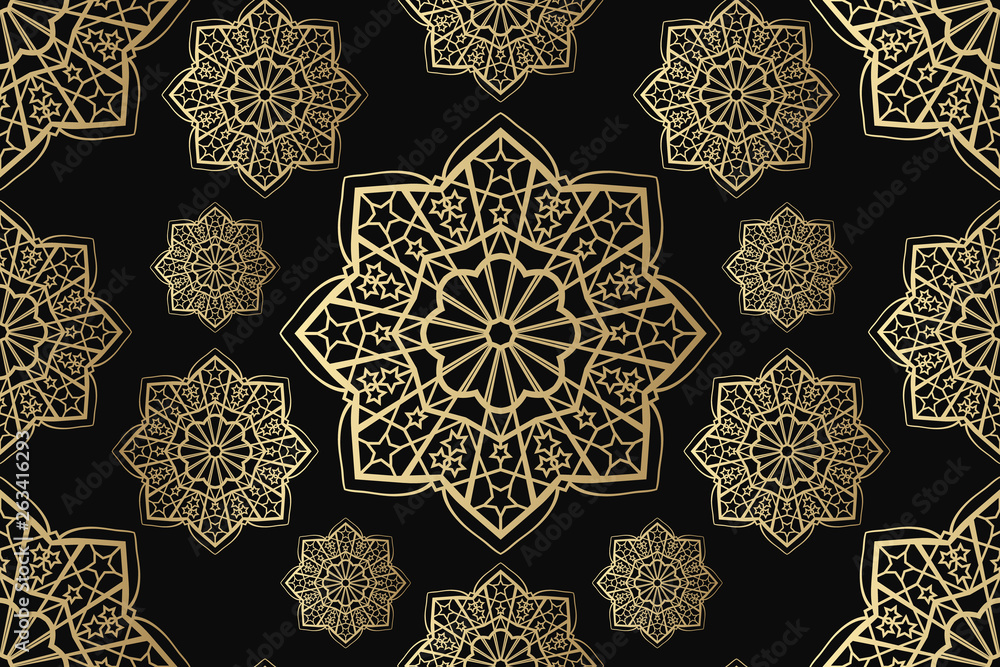 Islamic seamless ornament vector, persian motiff. Ramadan islamic round pattern elements. Geometric circular ornamental arabic symbol vector. Gold on black background. Islamic seamless ornament vector, persian motiff. Ramadan islamic round pattern elements. Geometric circular ornamental arabic symbol vector. Gold on black background.