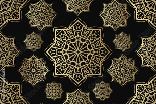 Islamic seamless ornament vector, persian motiff. Ramadan islamic round pattern elements. Geometric circular ornamental arabic symbol vector. Gold on black background.