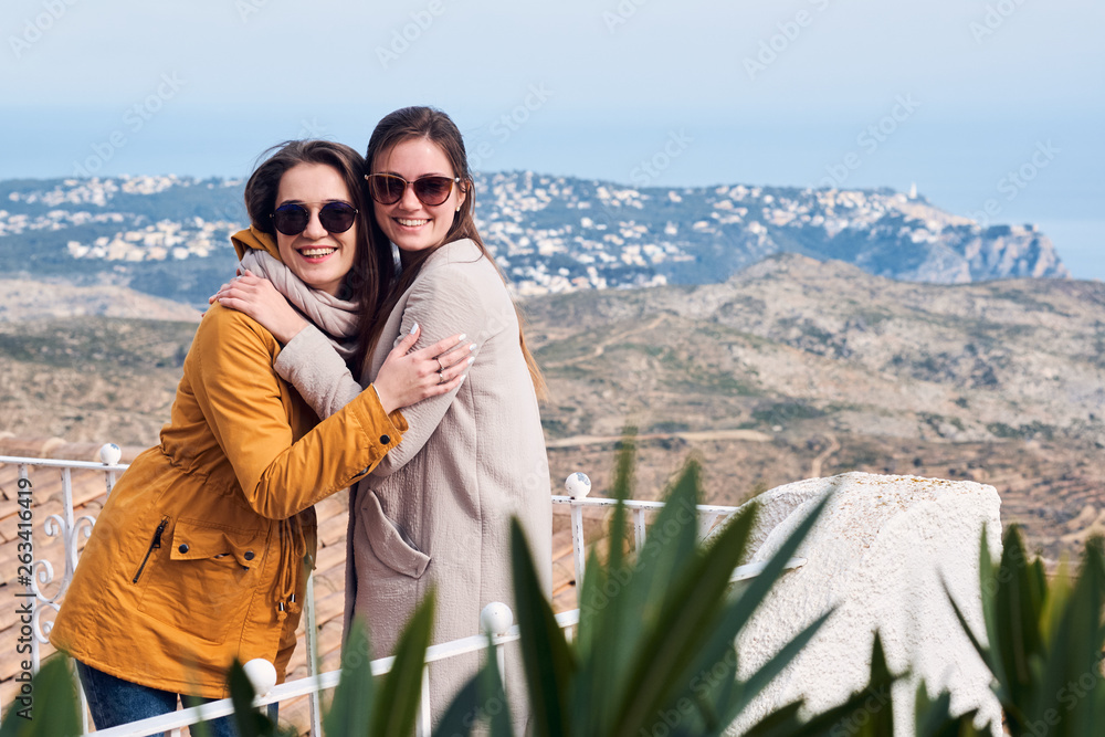Naklejka premium Two cute female friends smiling and hugging