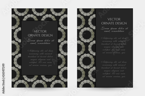 Silver classical motif. Luxury vertical posters with decorative frame and border on the black background.