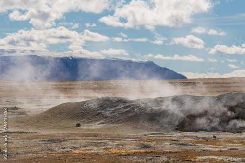 Iceland geothermal zone Namafjall - area in field of Hverir. Landscape which pools of boiling mud and hot springs. Tourist and natural attractions.