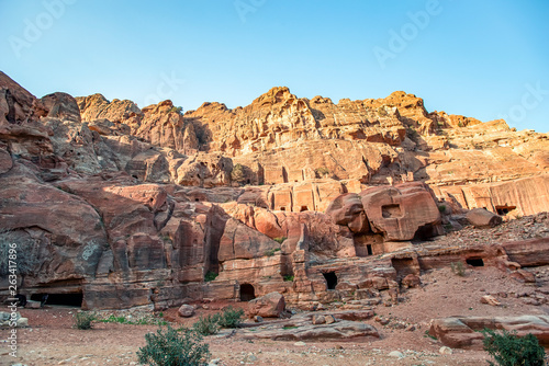 ancient Nabatean village carved in rocks close to  Petra, Jordan - Image, selective focus photo