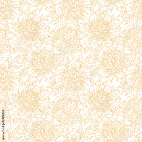 Seamless pattern with peony flowers hand drawn in lines. Graphic doodle sketch floral background. Vector illustration