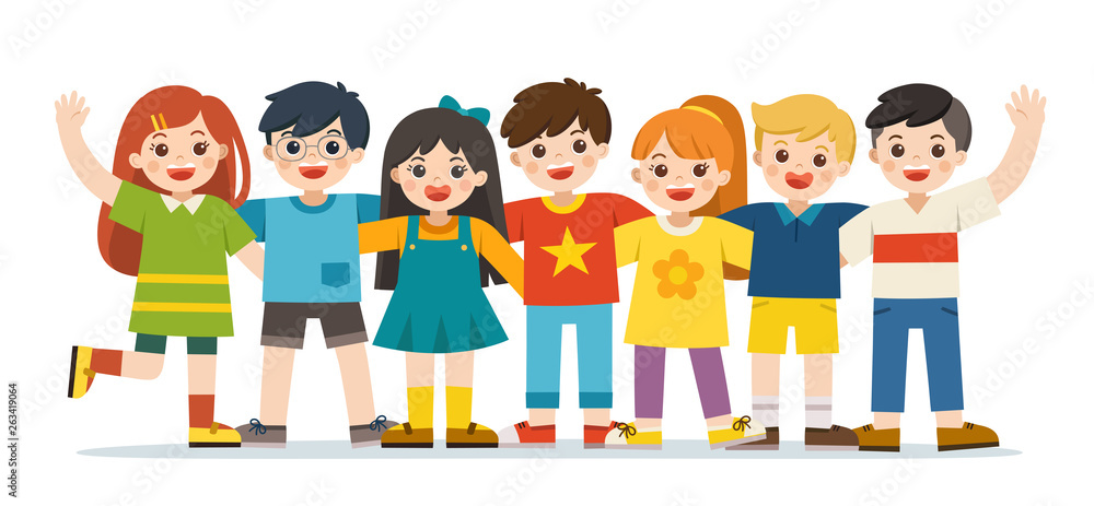 Group of smiling boys and girls. Happy student standing together and waving hands. Isolated on white background.