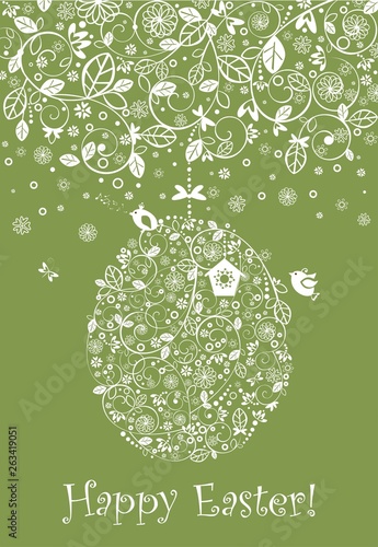 Easter decorative olive green greeting card with crochet lacy decoration, hanging floral egg, nestling box and funny little birds