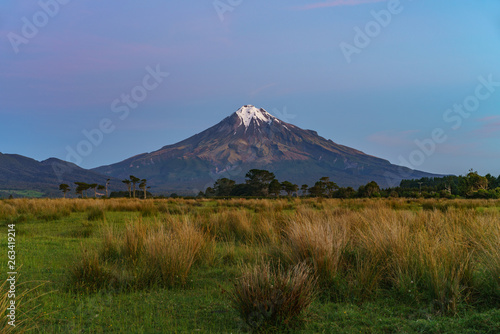 blue hour at cone volcano mount taranaki, new zealand 1