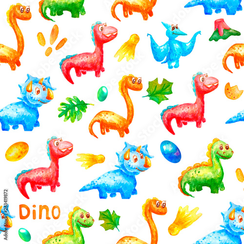 Seamless watercolor pattern. Cute dinosaurs are smiling and looking in one direction against a background of colorful eggs  a volcano  leaves  a comet.