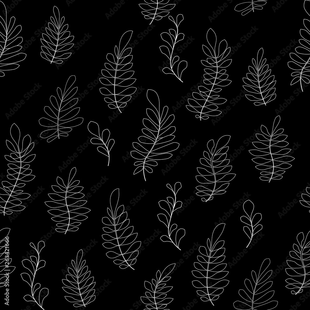 Fototapeta premium Vector flower black-white pattern. Seamless botanic texture, detailed flowers illustrations. Floral pattern in doodle style, spring floral background.