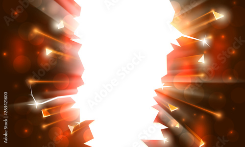 Background for an explosive party, bright frame with sparks. Rays of light, bokeh sparkles on background of a breakthrough. Carnival, holiday poster template. Festive blast, sparks flash of explosion