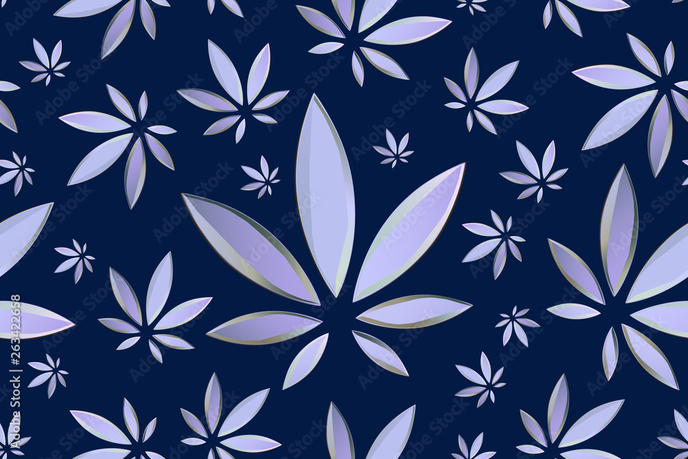 Marijuana leaves seamless vector pattern. Cannabis plant blue background. Dense vegetation of ganja.