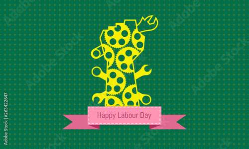 happy labour day 1 may. yellow hand show up a tools. engineering design concept with screwdriver wrench ruler vernier caliper cheater bar.vector illustration