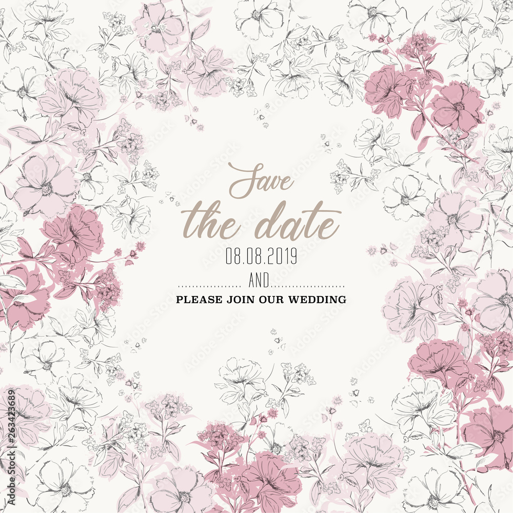 Beautiful Botanical wedding invitation card  design, white and pink hand sketch  flowers