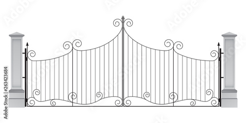 Wrought iron entrance gate with columns, vector illustration on plain background