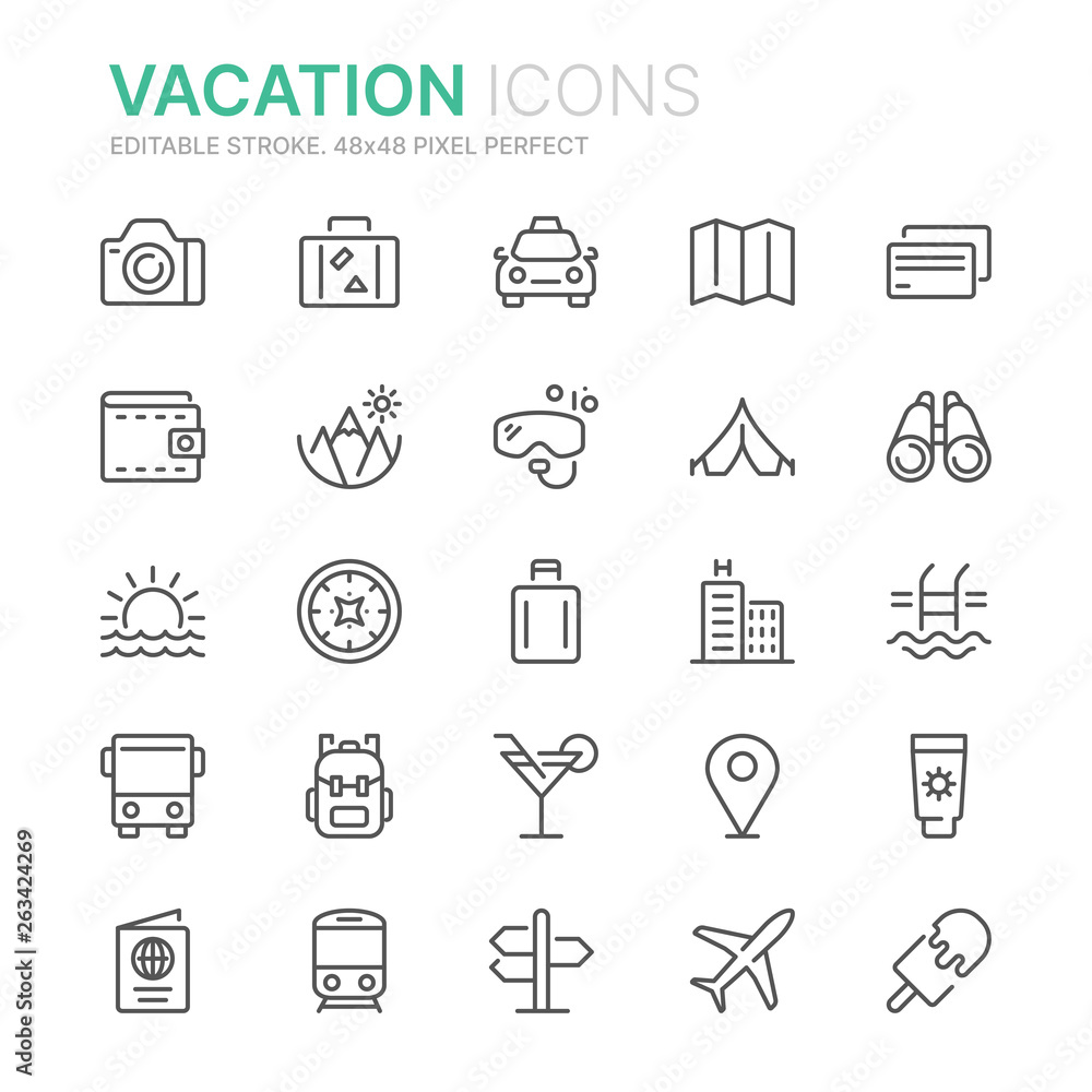 Collection of vacation line icons. 48x48 Pixel Perfect. Editable stroke