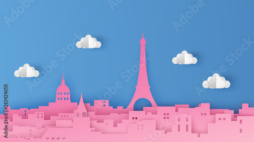 Illustration of the Paris city scene. The capital of France. Design in the form of paper art style. Beautiful Paris. paper cut and craft style. vector, illustration.