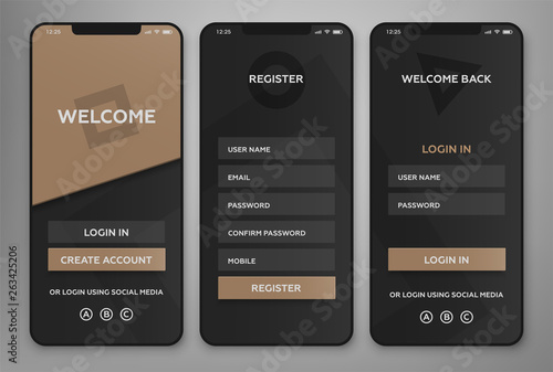 UI, UX Mobile application interface design. Authorization and registration pages. Vector illustration.