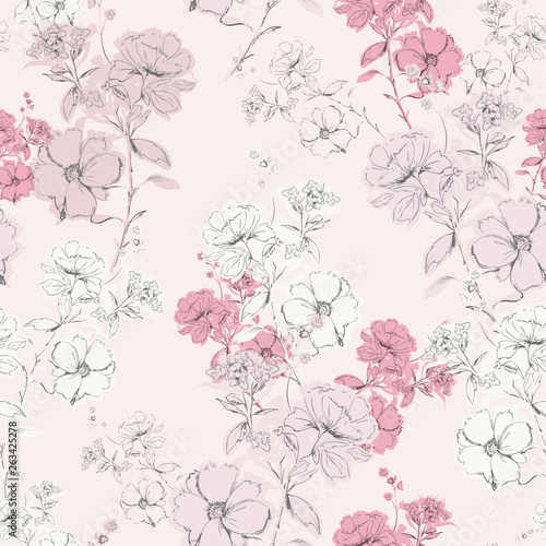 Soft pink delicate blooming hand drawn pencil line skecth seamless pattern vector design for fashion,fabric,web,card,wallpaper and all prints