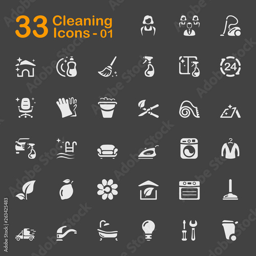 Cleaning outline icons. Contains such icons as handyman, vacuum cleaner, lemon, maid, ironing and more. Editable stroke. 32x32 pixel.