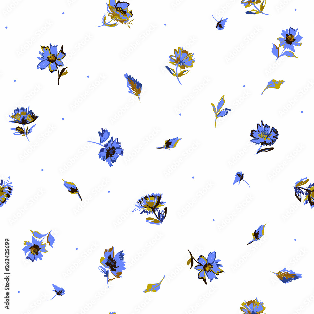 Vector seamless pattern blowing meadow flowers random repeat made from hand brush strokes.Design for fashion , fabric,web,wallaper , and all print Vector seamless pattern blowing meadow flowers random repeat made from hand brush strokes.Design for fashion , fabric,web,wallaper , and all print