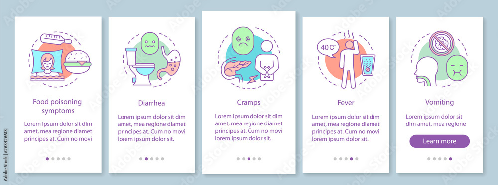 Food poisoning onboarding mobile app page screen vector template