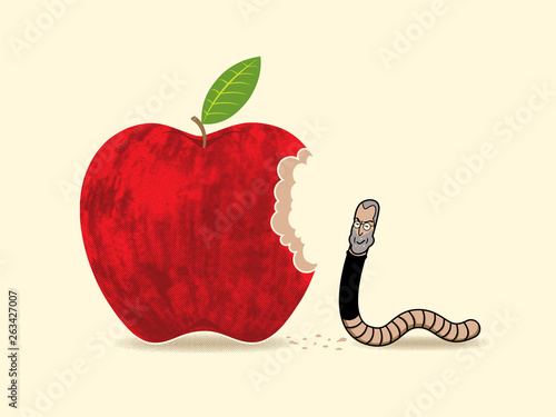 a human face worm chewing an apple