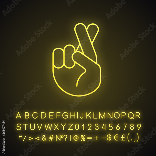 Fingers crossed emoji neon light icon