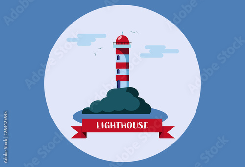 Flat illustration of lighthouse on blue background