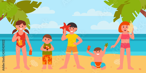 Children on the beach play with sand and sunbathe. Active summer holidays. Character set. Vector illustration in flat style