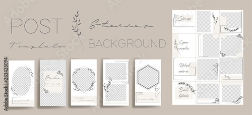  Design backgrounds for social media banner.Set of instagram stories and post frame templates. Vector stories cover. Mockup for personal blog or shop. Endless square puzzle layout for promotion.