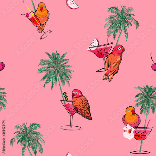 Trendy colorful tropical vacation mood in hand drawn palm trees ,parrots birds,cocktail and summer fruits seamless pattern vector