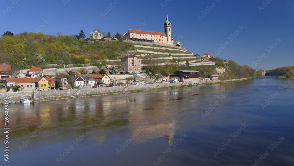 Panoramic aerial view of Labe River and Melnik historical town with castle and vineyard