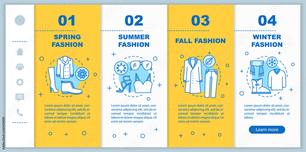 Fashion collections onboarding mobile web pages vector template