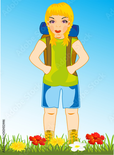 Vector illustration of the girl of the tourist on year glade with flower