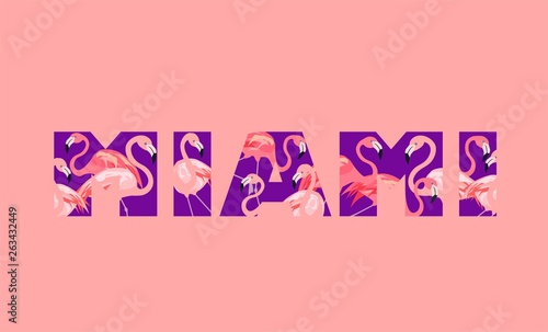 Miami violet lettering with pink flamingo for fashion shirt print