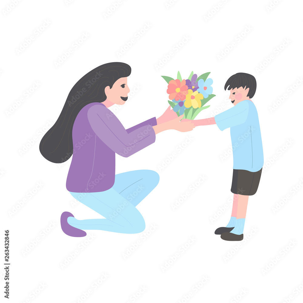 Fototapeta premium Mother and son. Mom with her child boy. boy gives flowers