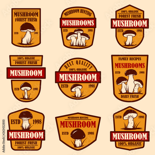 Set of emblems with mushrooms. Design element for poster, logo, label, sign, badge.