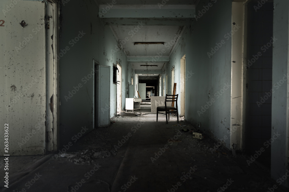Abandoned corridor in Pripyat Hospital, Chernobyl Exclusion Zone 2019