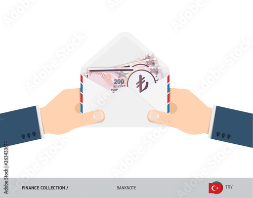 200 Turkish Lira Banknotes in envelope hold in hand. Flat style opened white envelope with cash. Salary payout or corruption concept.