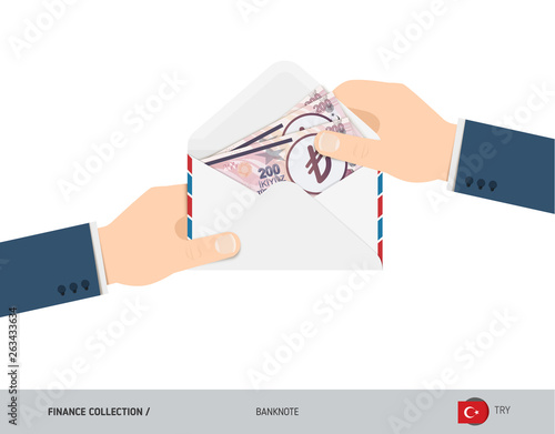 200 Turkish Lira Banknotes in envelope hold in hand. Flat style opened white envelope with cash. Salary payout or corruption concept.
