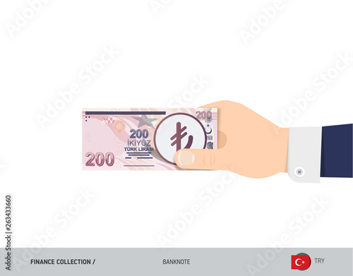 200 Turkish Lira Banknote. Hand gives money. Flat style vector illustration. Salary payout or corruption concept.