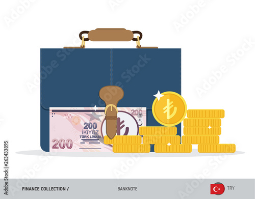 Briefcase with 200 Turkish Lira Banknote. Flat style vector illustration. Corporate business concept.