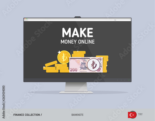 Monitor with 200 Turkish Lira Banknote. Flat style vector illustration. Finance concept.