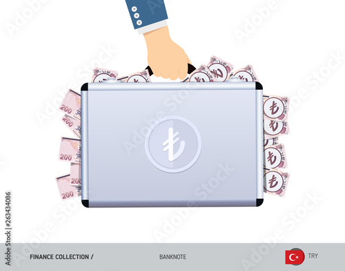 Hand holds a metal case with 200 Turkish Lira Banknotes. Flat style vector illustration. Salary payout or corruption concept.