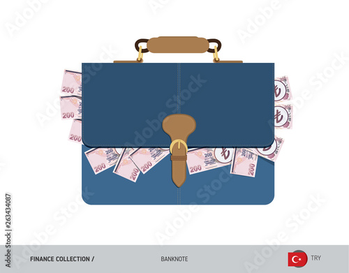 Leather briefcase with 200 Turkish Lira Banknotes. Flat style vector illustration. Salary payout or corruption concept.